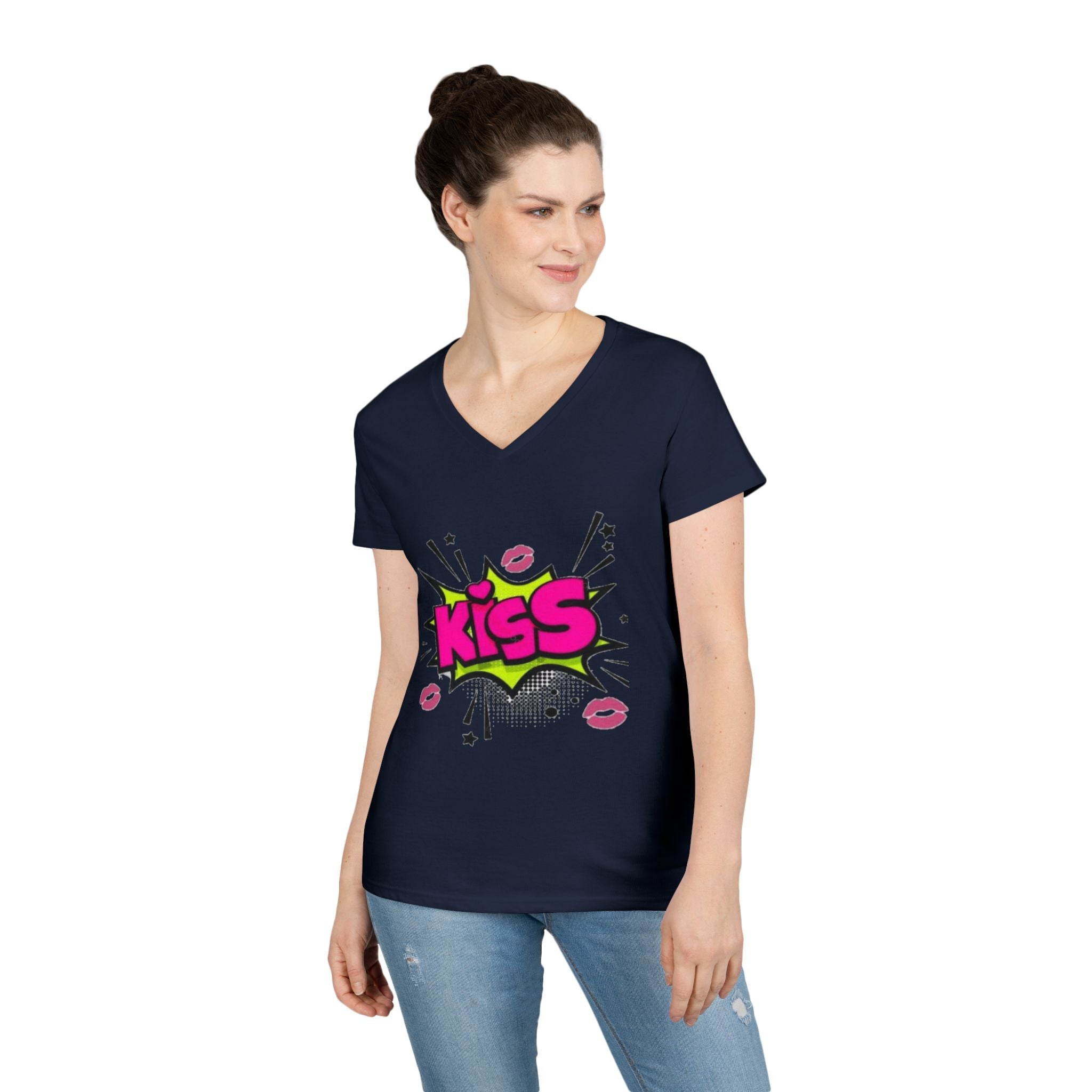 Kiss Graphic V-Neck Tee, Fun Graphic Shirt, Gift for Her, Casual Fashion, Cute Summer Top, Valentine's Day Gift