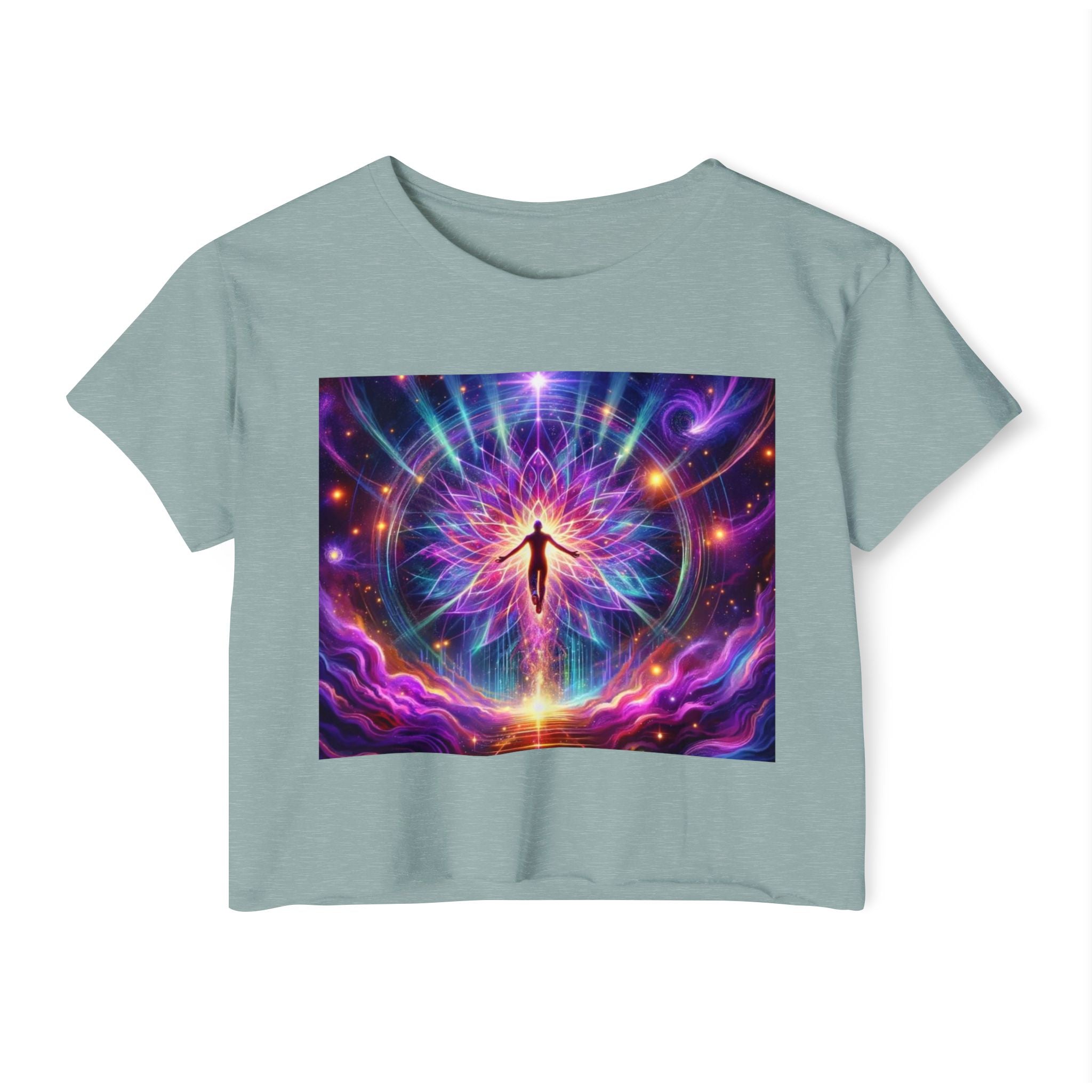 Colorful Cosmic Women's Festival Crop Top, Boho Summer Shirt, Music Festival Wear, Psychedelic Tee, Yoga Top, Gift for Her