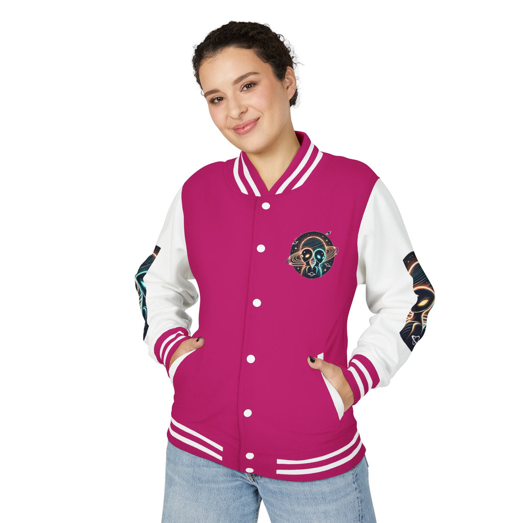 Cosmic Alien Letterman Jacket | Vintage Style Outerwear, Trendy Unisex Jacket, Space Theme Apparel, Perfect for Cosplay or Gift